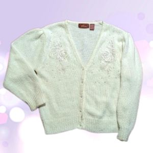 Worthington Faux Mohair Sweater Ivory Floral 80s Vintage Beaded Coquette Lolita